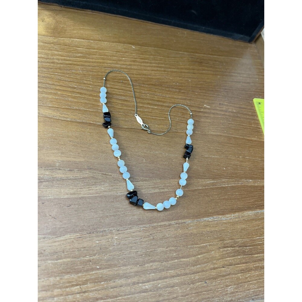 Vintage Rare Napier Mother of Pearl & black onyx chip beads necklace 15”